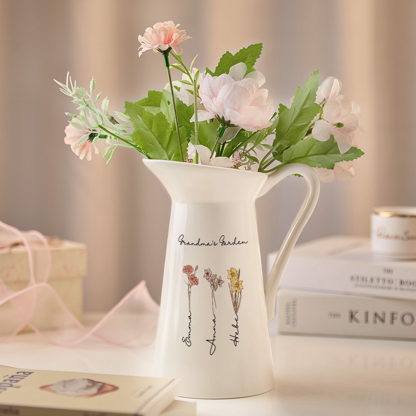 A view of the pitcher-shaped vase with three names and birth flowers, creating a meaningful and personalized display.