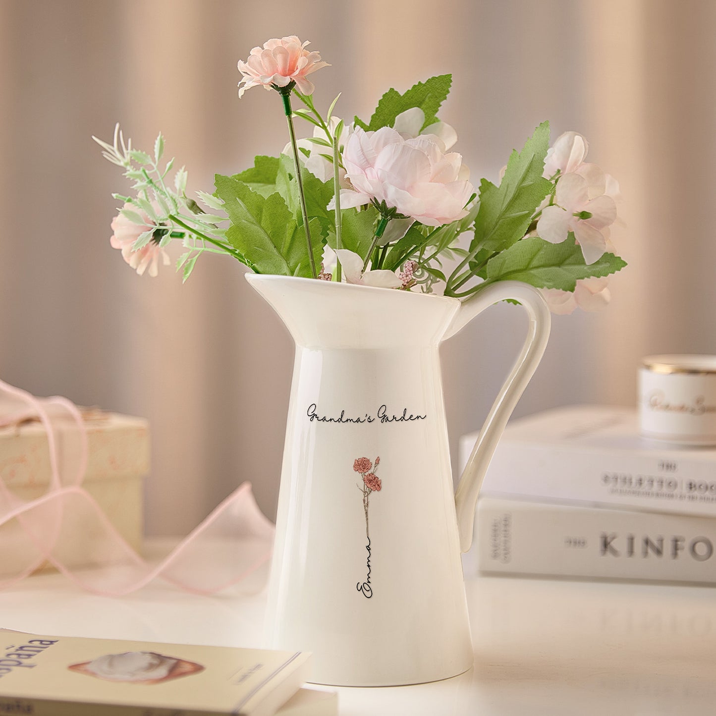 A view of the pitcher-shaped vase with one name and birth flower, showcasing the customizable design for a personalized touch.