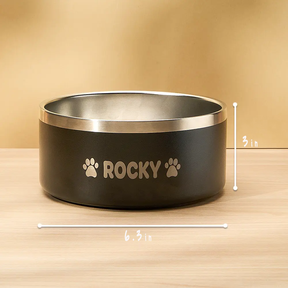 Engraved stainless steel dog bowl with a skid-resistant base, personalized with your pet’s name for a mess-free and stylish feeding station in blue, red, or black.