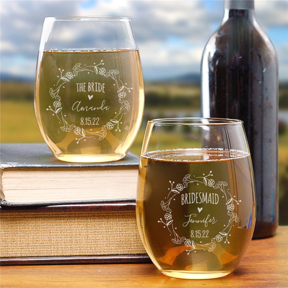Stemless wine glass with floral wreath and wedding party details printed on front