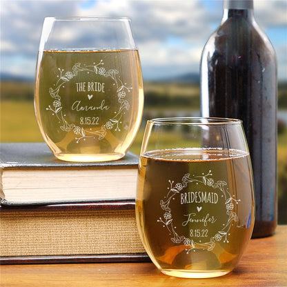 Stemless wine glass with floral wreath and wedding party details printed on front