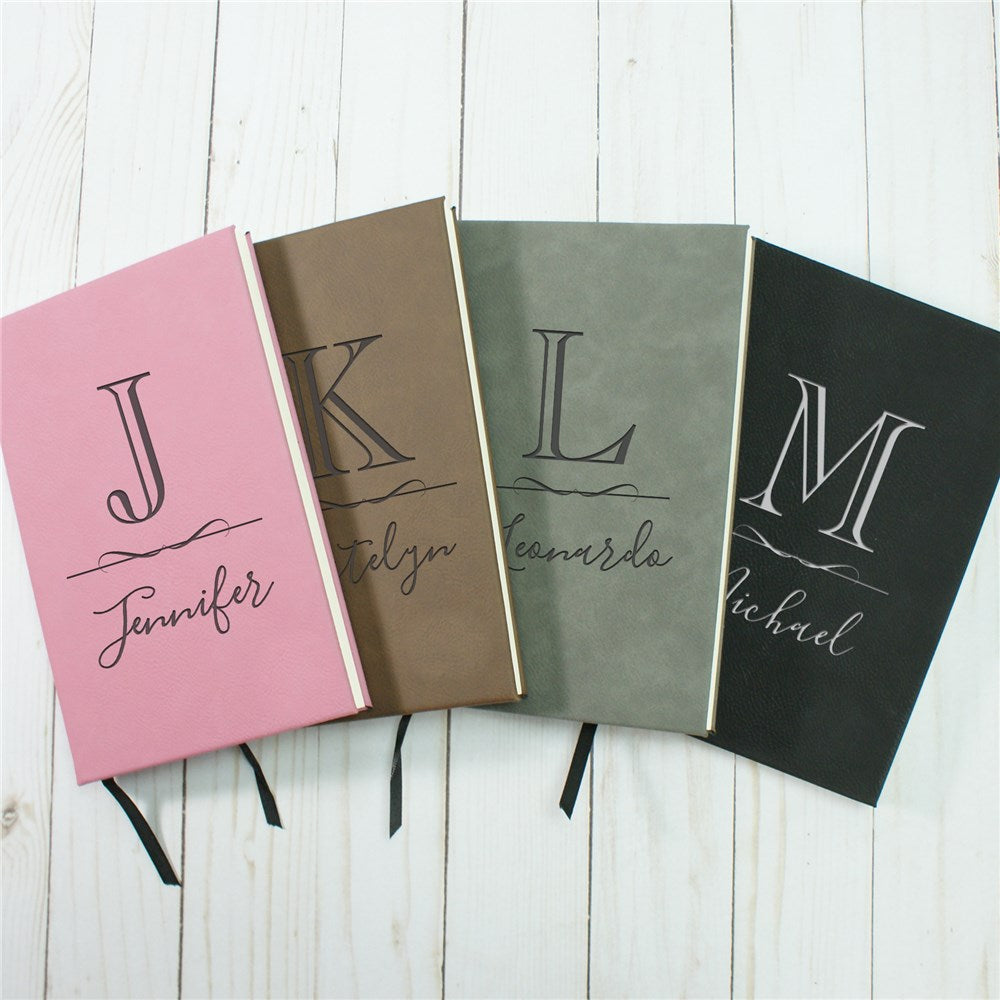 Faux leather personalized journal with initial and name, includes ribbon bookmark and lined pages