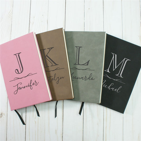 Faux leather personalized journal with initial and name, includes ribbon bookmark and lined pages