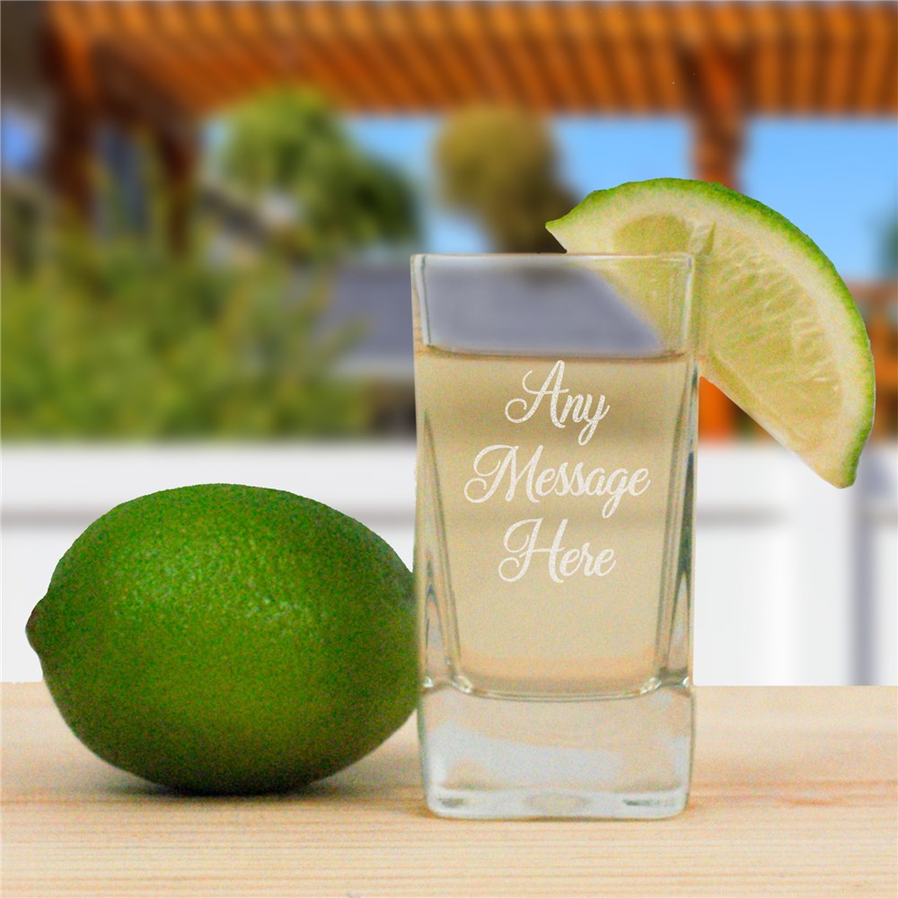 Personalized square glass shot glass with custom script engraving