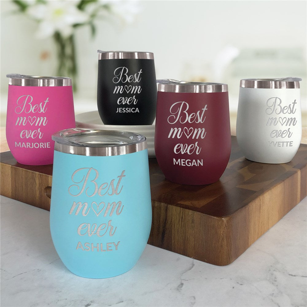 Engraved stemless wine tumbler with “Best Mom ever” and personalized name – insulated stainless steel gift for moms