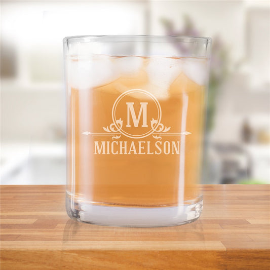 12 oz engraved clear glass tumbler with personalized initial and family name