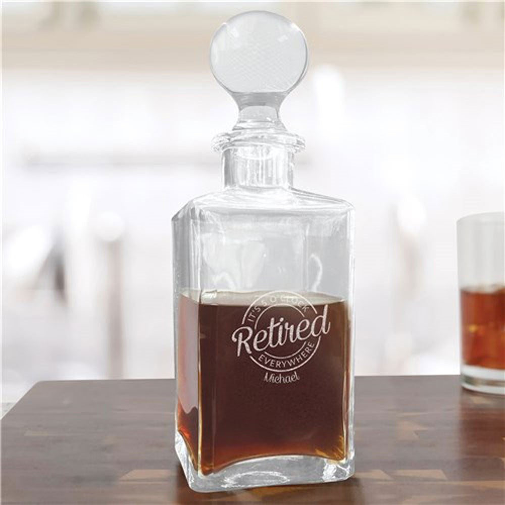 Engraved retirement decanter with “It’s 5 O’Clock Everywhere” quote and personalized name