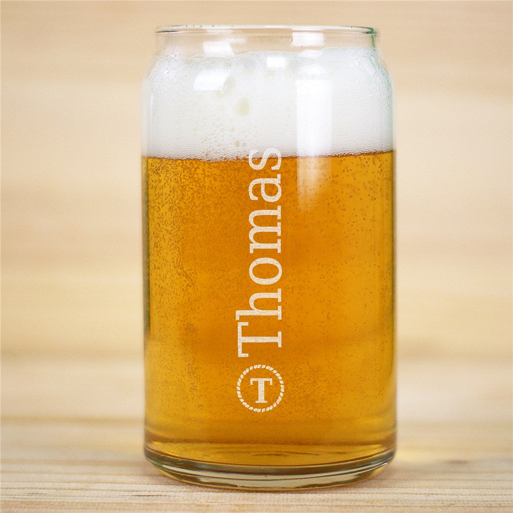Personalized 16 oz engraved beer can glass with circle initial and name, modern clear glass gift for him