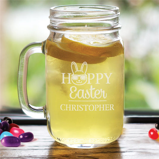 Engraved Happy Easter mason jar featuring a cool bunny wearing sunglasses, perfect for festive drinks and personalized holiday gifts.