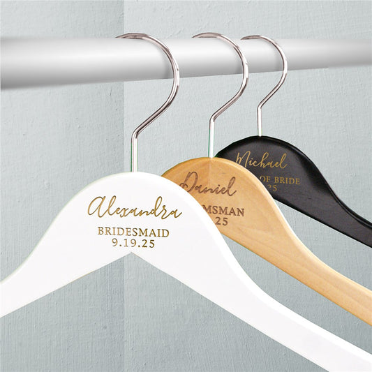 Custom engraved wood wedding party hanger with name and date engraving