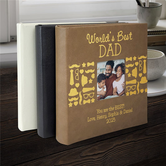 engraved world’s best faux leather photo album, black vegan leather photo book for men, custom photo album with moustache glasses and tie icons, holds 200 photos gift for dad, masculine keepsake engraved photo album
