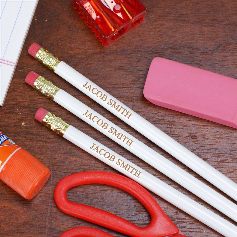 Set of 12 engraved white pencils with personalized name in all caps – custom #2 school pencils for students