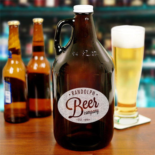 Libbey amber glass beer growler with custom engraved name and year, reusable 64oz bottle with freshness-sealing cap