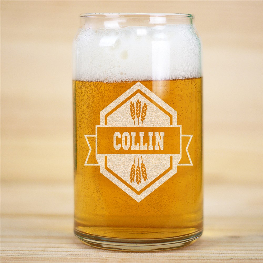 Custom Personalized Wheat Beer Can Glass, 16 oz., featuring an engraved name. Made of clear glass with a contoured beer can shape for a unique drinking experience.