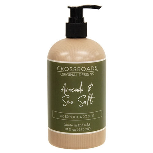 Bottle of avocado and sea salt hand lotion with pump top and rustic label