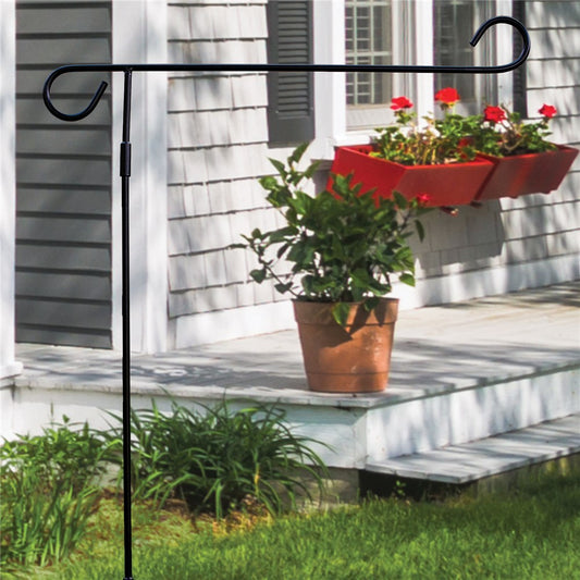 Metal garden flag stand with black finish designed to hold 12x18 outdoor flags