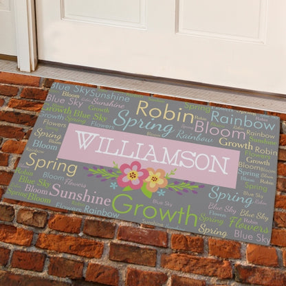 Personalized fleece-top spring doormat with cheerful seasonal words and name