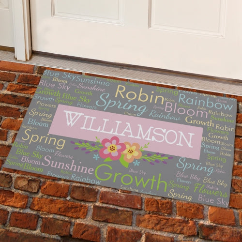 Personalized fleece-top spring doormat with cheerful seasonal words and name