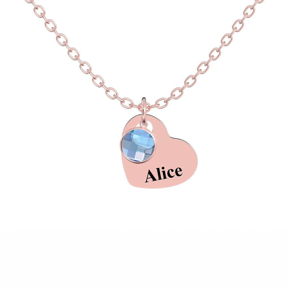 Rose gold necklace with one birthstone charm, engraved with a name.