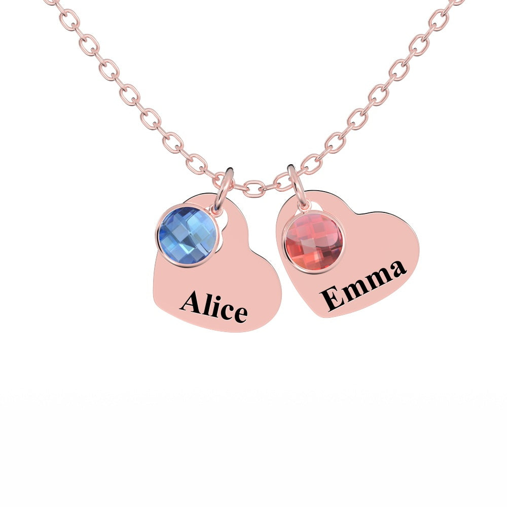 Rose gold necklace with two birthstone charms, each engraved with a name.