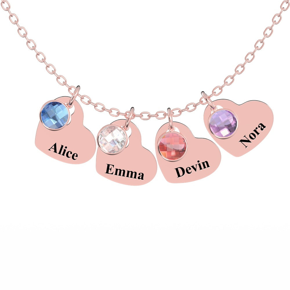 Rose gold necklace with four birthstone charms, each engraved with a name.