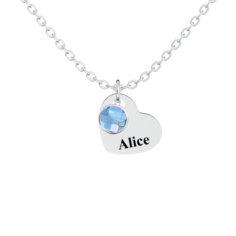 Silver necklace with one birthstone charm, engraved with a name.