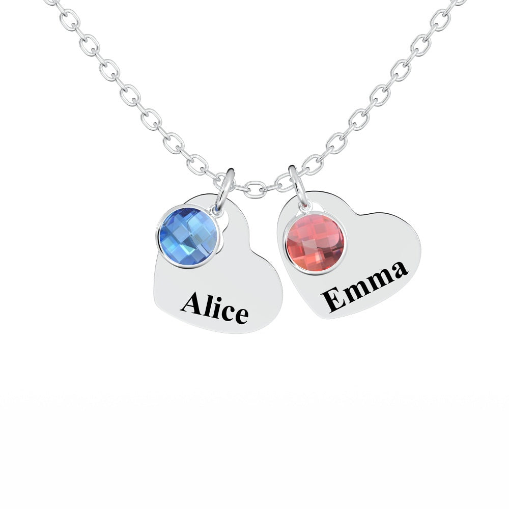 Silver necklace with two birthstone charms, each engraved with a name.