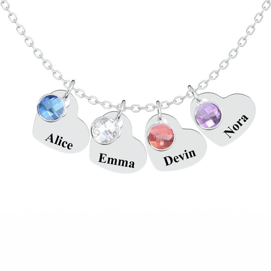 A silver necklace with four birthstone charms, each engraved with a name.