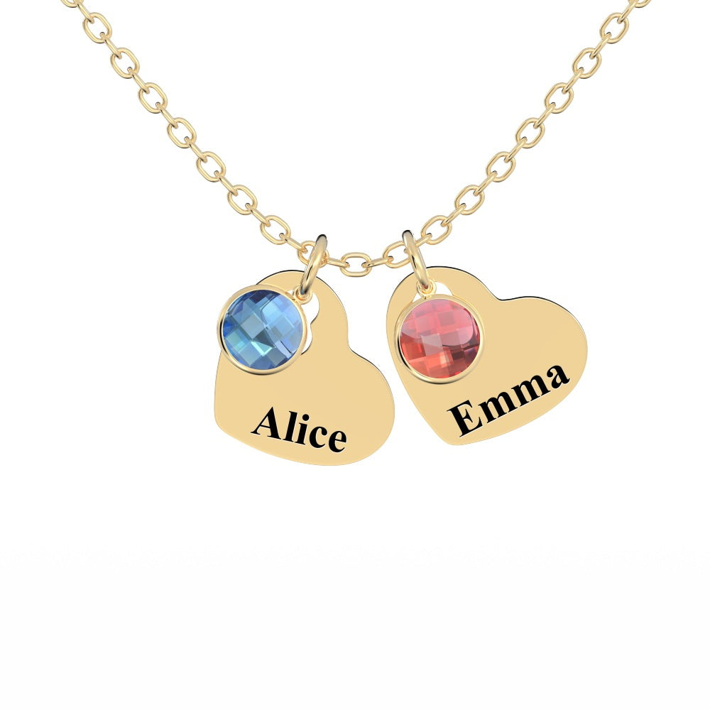 Gold necklace with two birthstone charms, each engraved with a name.