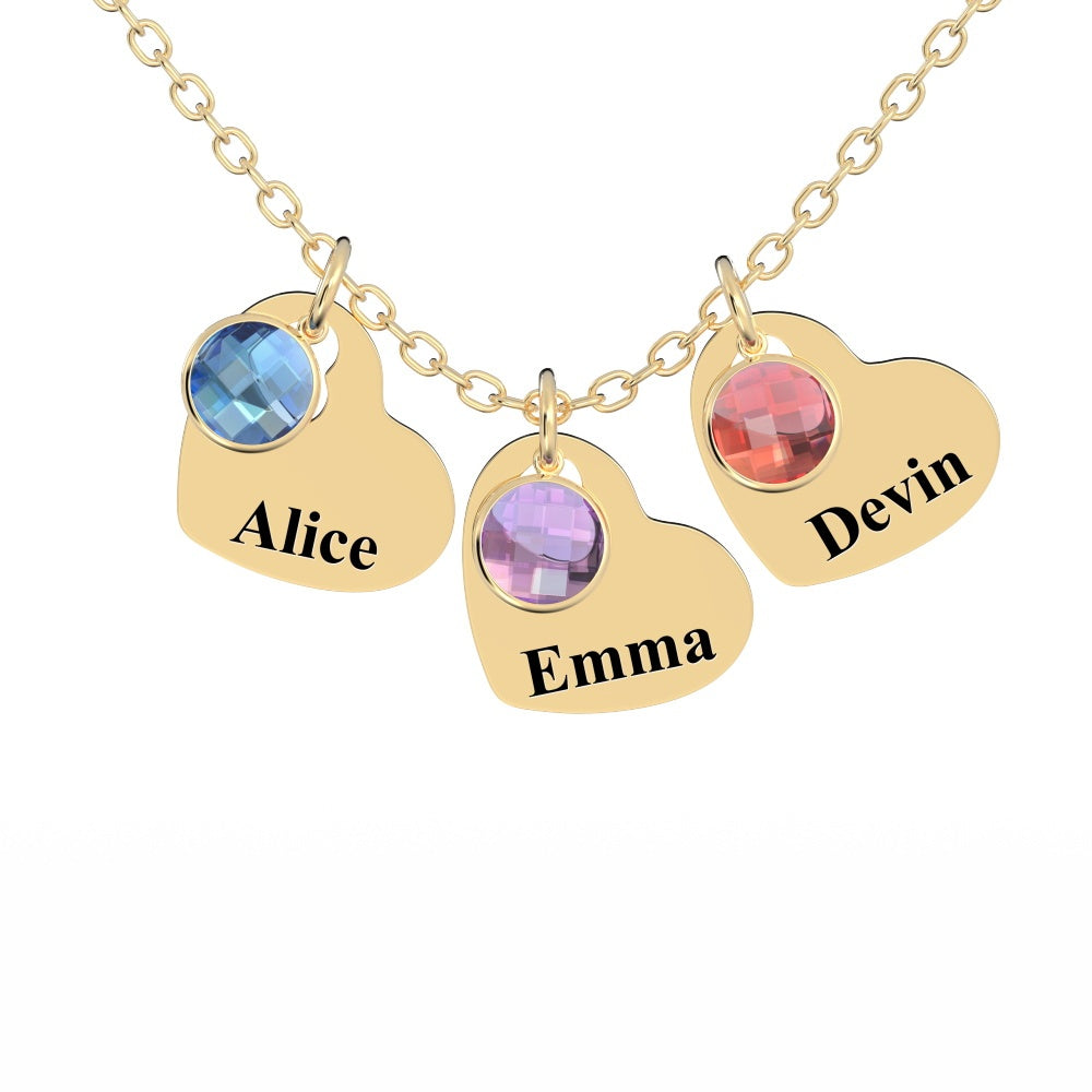 Gold necklace with three birthstone charms, each engraved with a name.