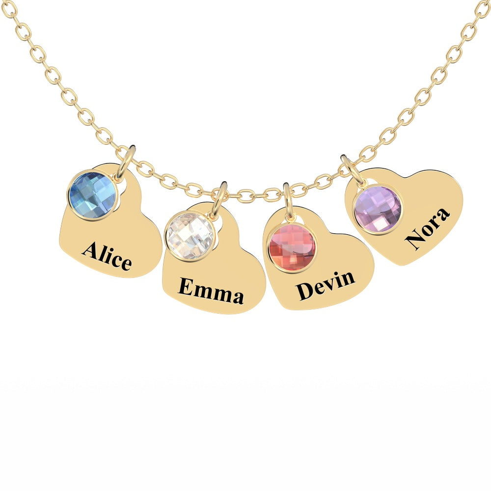 Gold necklace with four birthstone charms, each engraved with a name.