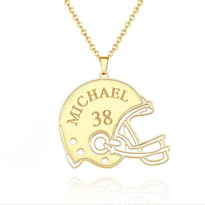 Gold football helmet necklace custom engraved sports jewelry personalized team gift athlete fan accessory