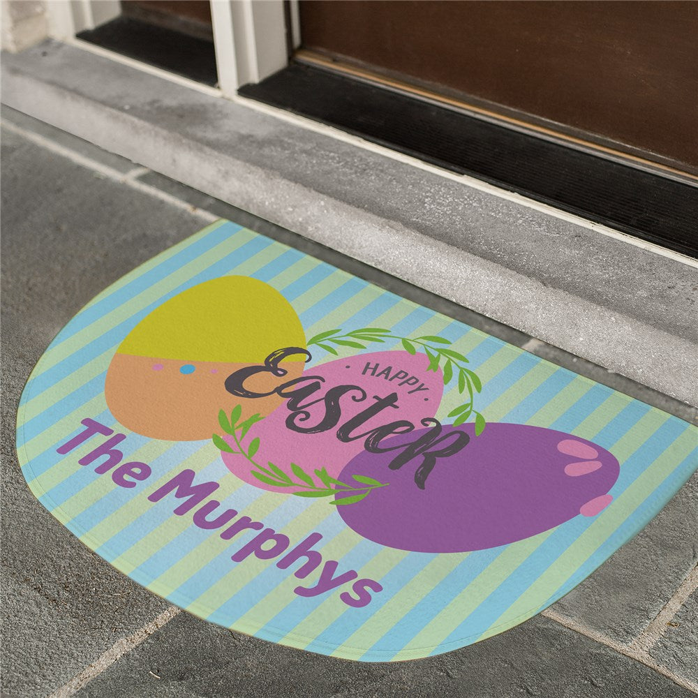 Personalized Easter doormat with colorful eggs and custom text, perfect for spring home decor, Easter front porch decorations, and festive seasonal gifts.