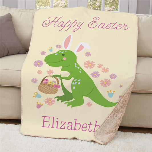 Personalized Floral Dinosaur Easter Sherpa Blanket