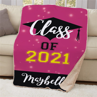 Personalized sherpa graduation blanket in red with Class Of design, custom year, and name