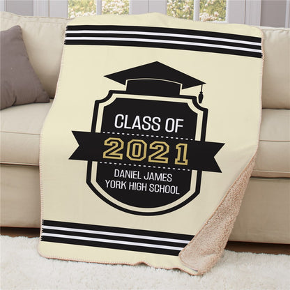 Graduation sherpa throw printed with name, school, and year – custom soft fleece blanket with badge design