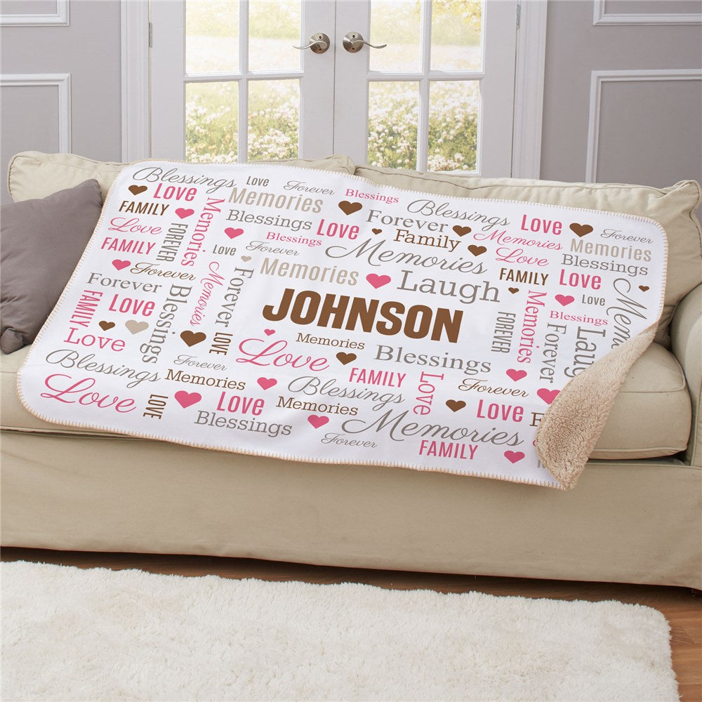 Custom sherpa blanket with family name and word art design – soft polyester throw with personalized detail