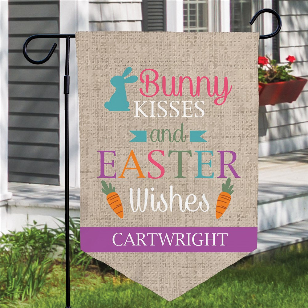 Bright and festive Easter garden flag with a colorful pennant design, customizable text, and a 2” pocket for easy hanging, ideal for outdoor spring decor.