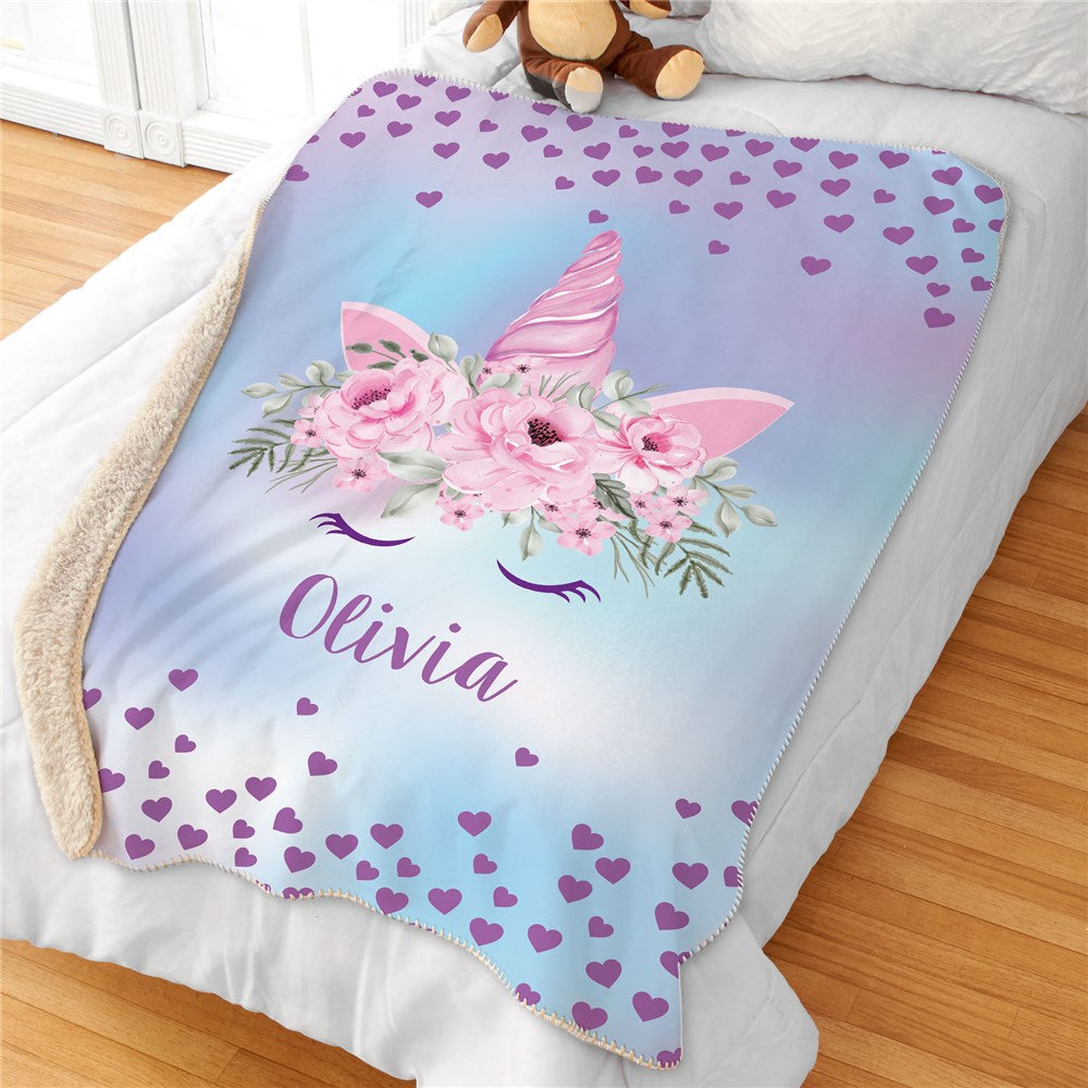 Personalized Sherpa blanket with a watercolor floral unicorn, hearts confetti, and custom name. Soft and cozy fleece throw for kids and babies.
