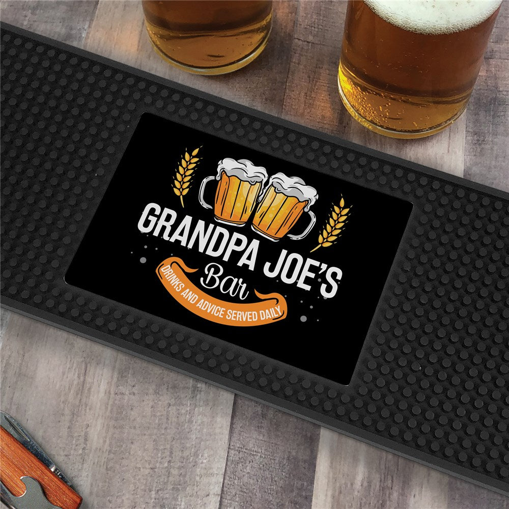 Custom beer bar mat with banner design and personalized title in bold print
