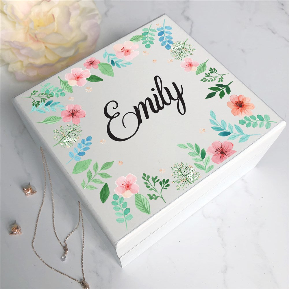 Floral jewelry box with personalized name printed on the front