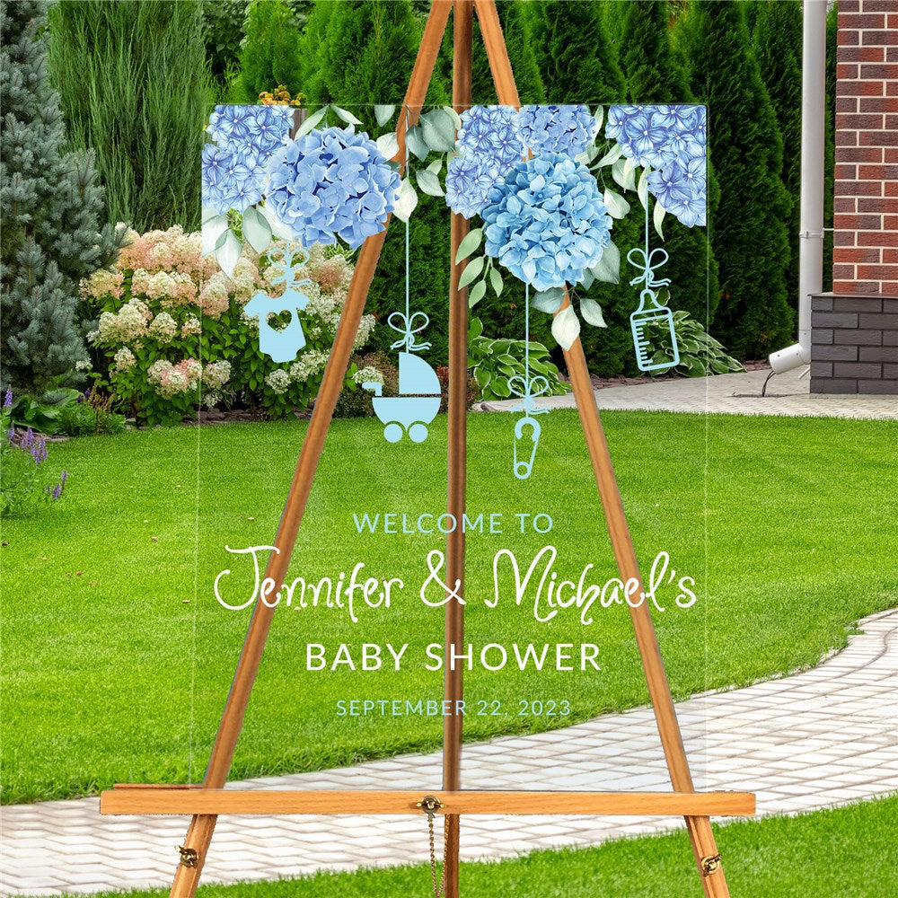 24x36 Blue Acrylic Baby Shower Sign with Hydrangeas and Baby Icons