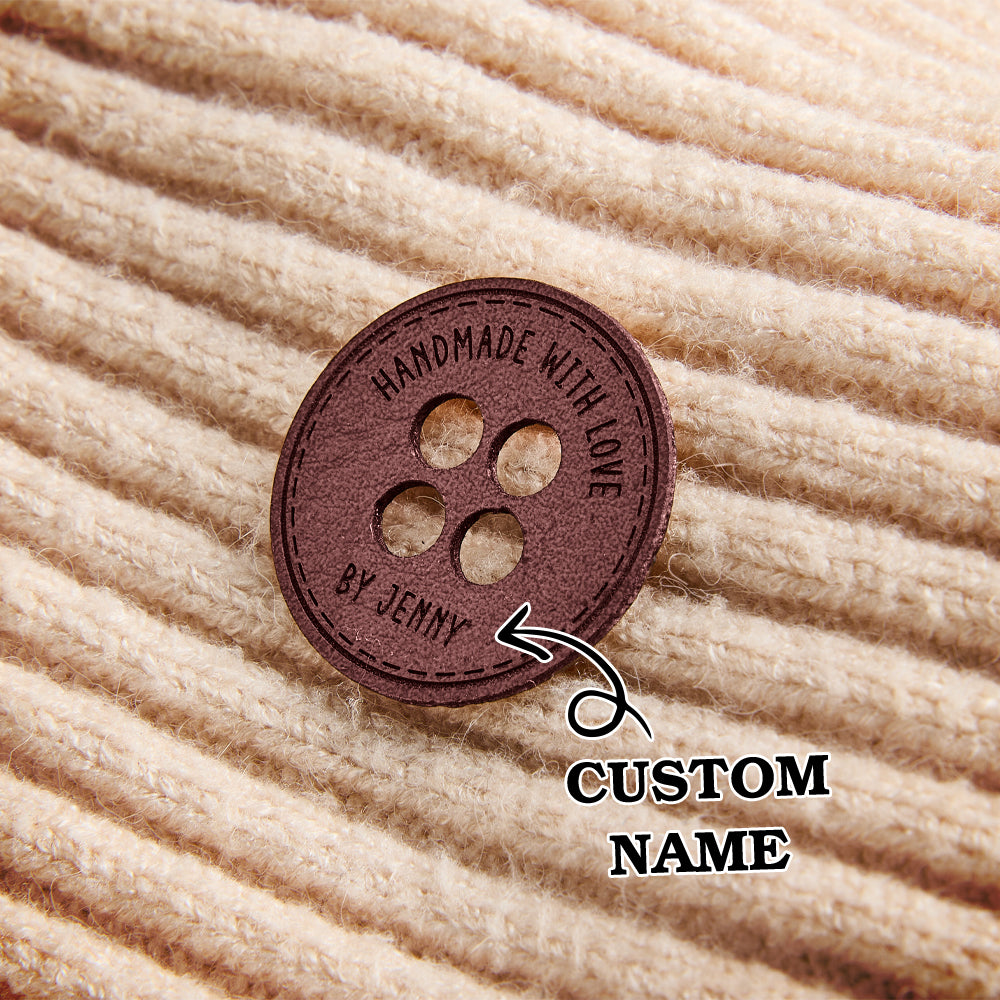 Custom engraved leather name tags for knitters, crocheters, and artisans. Ideal for branding handmade goods and small business craft labels.