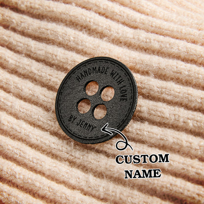 Personalized leather sewing labels with engraved names. PU leather craft tags for handmade clothing, accessories, and custom branding.