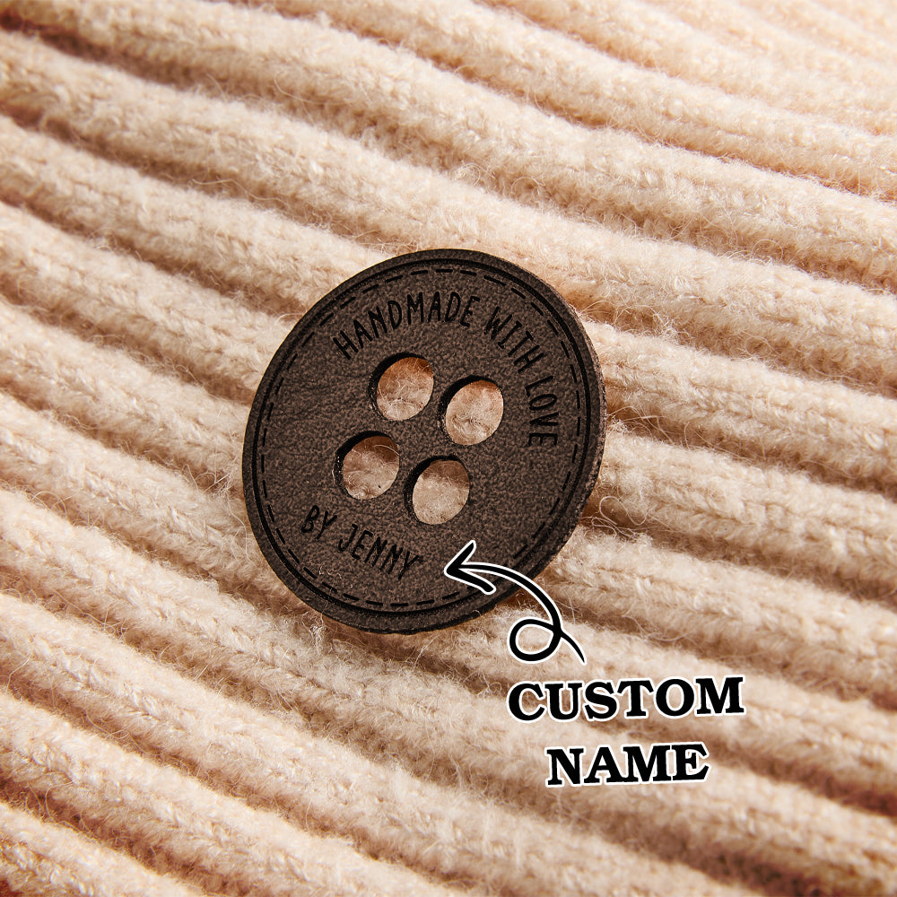 Handcrafted PU leather product labels, perfect for sewing, knitting, and crochet businesses. Custom name engraving for a professional touch.