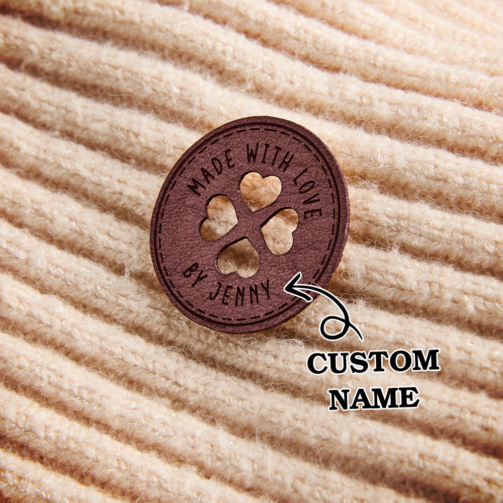 Durable and flexible leather tags for handmade clothing, knitting accessories, and sewing projects. Custom engraving available.