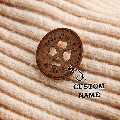 Custom PU leather name buttons and product tags for knitters, crocheters, and artisans. Perfect for handmade business branding.