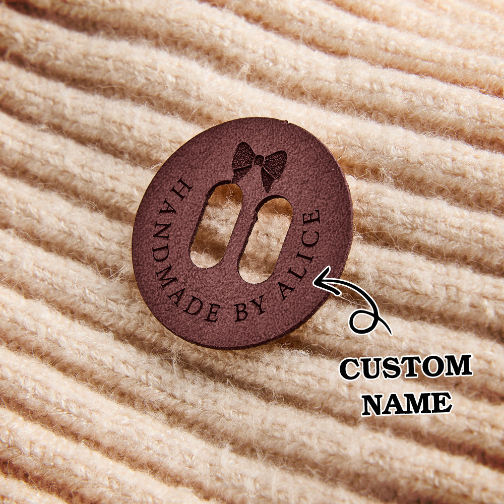 Engraved leather craft labels with custom text. Ideal for crafters, handmade goods, and small business sewing labels.