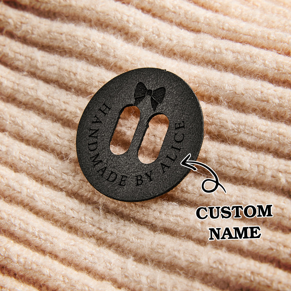 Durable PU leather tags for knitting, crocheting, and sewing projects. Custom name engraving for handmade branding.