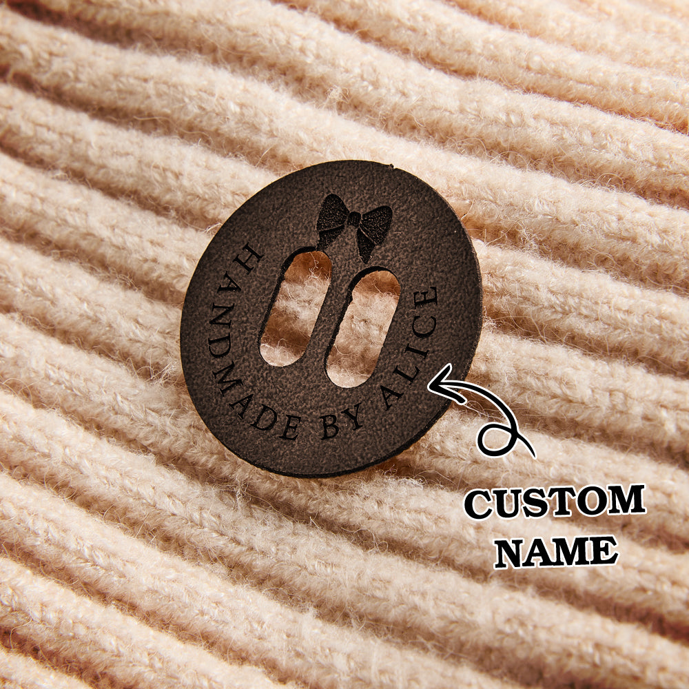 Handmade product tags for sewing, crochet, and knitting. Engraved leather labels for small business branding and artisan crafts.